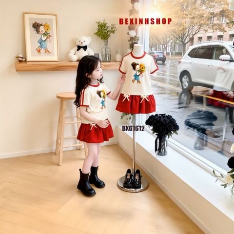 Set áo phối viền in cô gái cầm hoa chân váy bí dễ thương cho bé gái đi chơi BXG1612