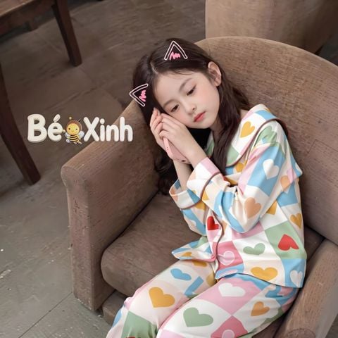 Pizama lụa Latin cao cấp cổ sen họa tiết TIM BexinhshopVN cho Mẹ & bé gái mặc nhà, mặc ngủ BXG2473