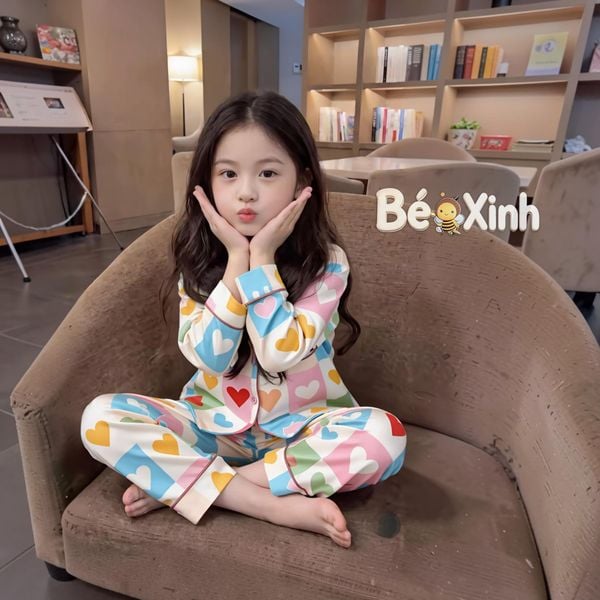 Pizama lụa Latin cao cấp cổ sen họa tiết TIM BexinhshopVN cho Mẹ & bé gái mặc nhà, mặc ngủ BXG2473