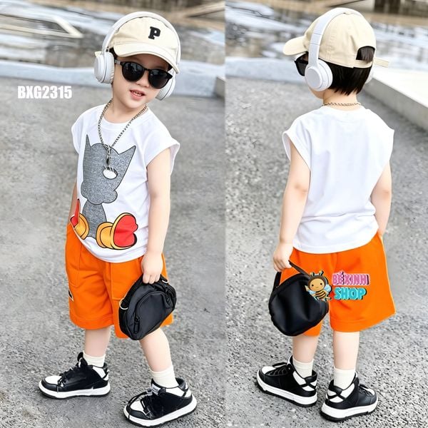 Set áo sát nách quần túi hộp in mèo cực xinh cho bé trai BXG2315