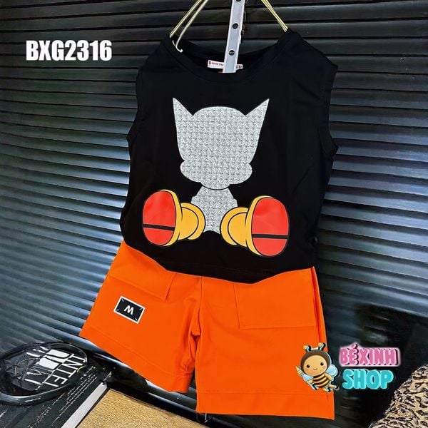 Set áo sát nách quần túi hộp in mèo cực xinh cho bé trai BXG2315