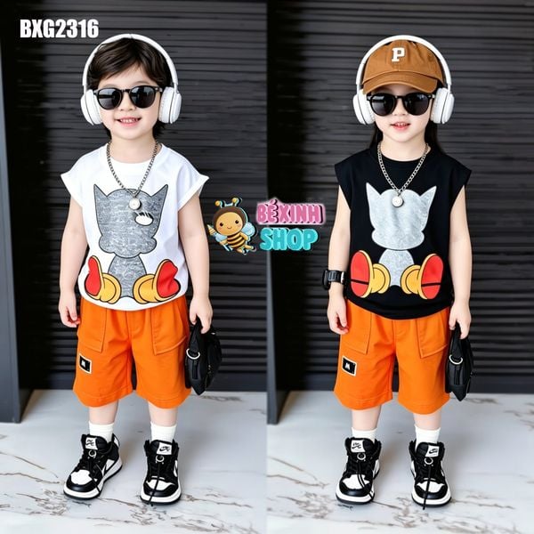 Set áo sát nách quần túi hộp in mèo cực xinh cho bé trai BXG2315