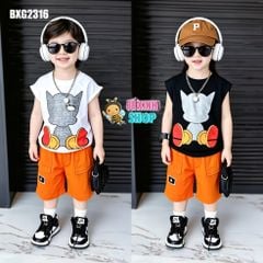 Set áo sát nách quần túi hộp in mèo cực xinh cho bé trai BXG2315