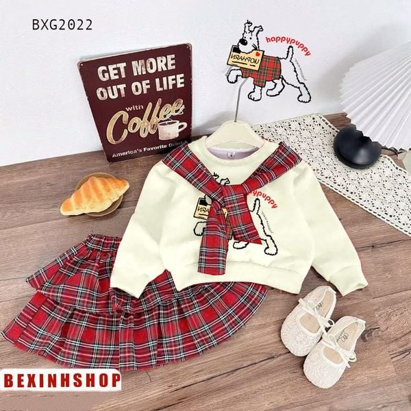 Set áo phối dây in cún chân váy tầng caro dễ thương cho bé gái BXG2022