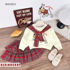 Set áo phối dây in cún chân váy tầng caro dễ thương cho bé gái BXG2022