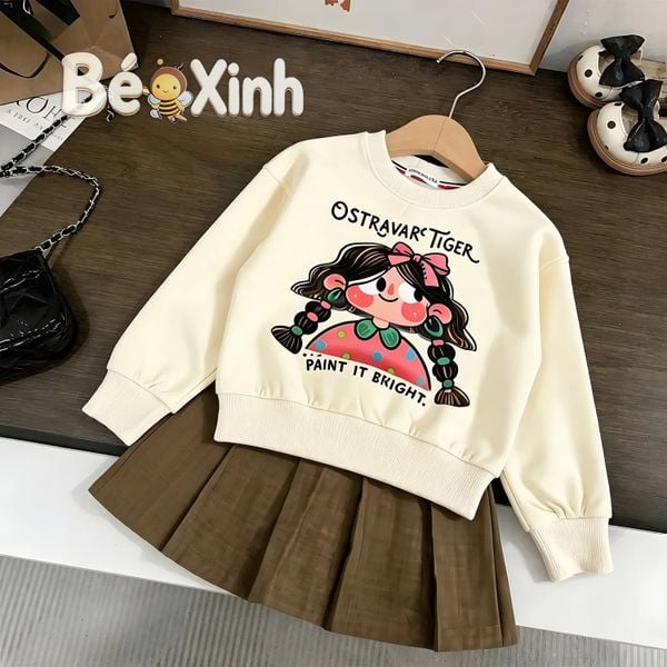 Set áo dài tay in bé gái phối chân váy xếp ly nhà Bé Xinh - outfit Thu Đông cho Bé Gái BXG2581