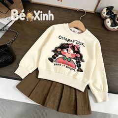 Set áo dài tay in bé gái phối chân váy xếp ly nhà Bé Xinh - outfit Thu Đông cho Bé Gái BXG2581