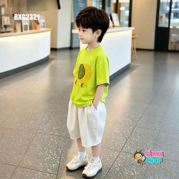 Set áo thun in voi quần lửng Cotton phom Baggy siêu ngầu cho bé trai BXG2321