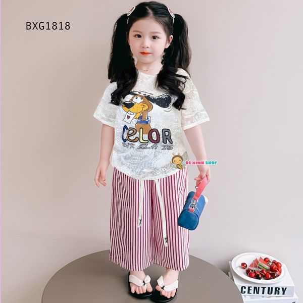 Bộ áo thun ren in chó Teno quần suông dễ thương cho bé gái BXG1818