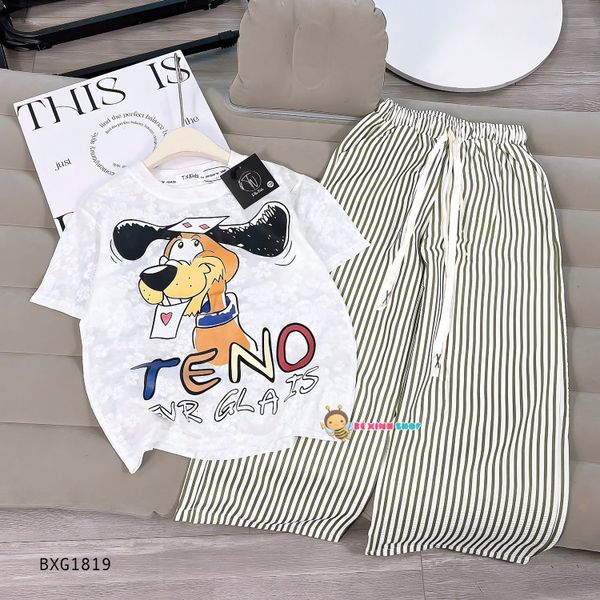 Bộ áo thun ren in chó Teno quần suông dễ thương cho bé gái BXG1818