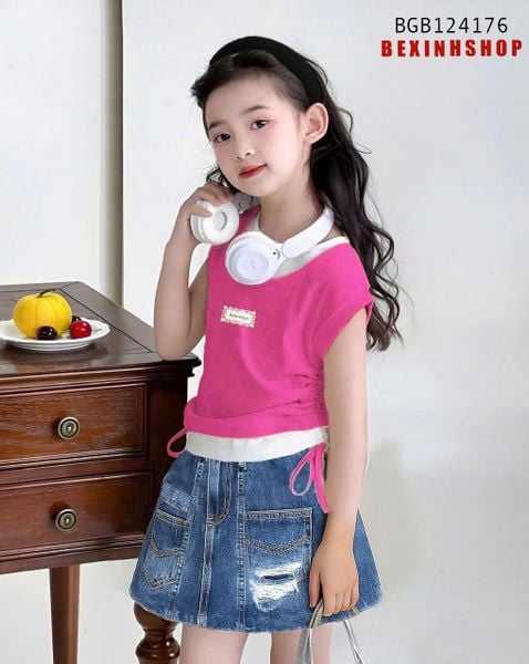 Set áo thun rút dây phối chân váy Jean dễ thương cho bé gái BGB124176