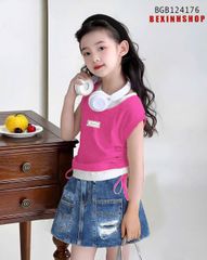 Set áo thun rút dây phối chân váy Jean dễ thương cho bé gái BGB124176