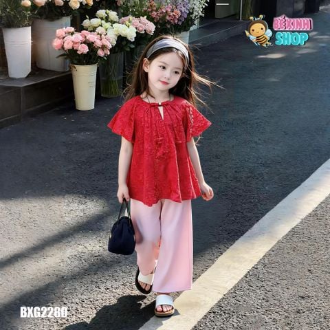 Set bà ba gấm vân hoa cổ nơ kiểu dễ thương cho bé gái BXG2280