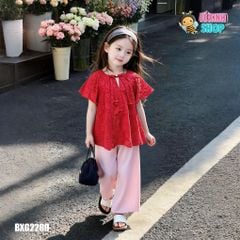 Set bà ba gấm vân hoa cổ nơ kiểu dễ thương cho bé gái BXG2280