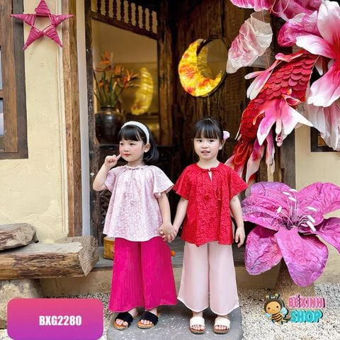 Set bà ba gấm vân hoa cổ nơ kiểu dễ thương cho bé gái BXG2280