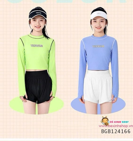Set bơi QCCC áo croptop phối quần short thể thao size đại cồ (35 - 60kg) dễ thương cho bé gái BGB124166