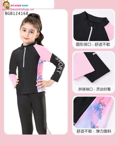Set bơi QCCC tay dài quần dài phối họa tiết phong cách thể thao size đại (20 - 45kg) dễ thương cho bé gái BGB124168