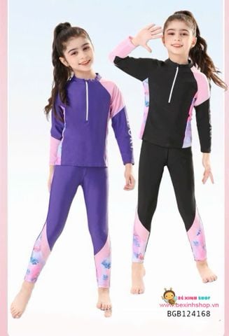 Set bơi QCCC tay dài quần dài phối họa tiết phong cách thể thao size đại (20 - 45kg) dễ thương cho bé gái BGB124168