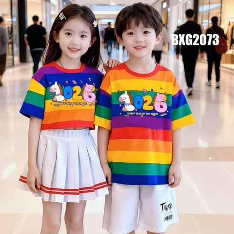 Bộ Đồ Cầu Vồng IN NGỰA 2026 Cho Bé Trai & Bé Gái Mang Đôi, Làm Đồng Phục BXG2073