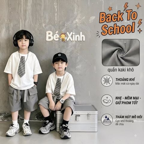 Set áo Cà vạt quần kaki phối dây phong cách Hàn Quốc cho bé trai đi chơi BXG2290