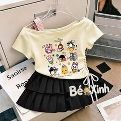 Set áo lệch vai kèm chân váy tầng xếp ly nhà Bé Xinh cực iu cho bé gái đi học, đi chơi BXG2480