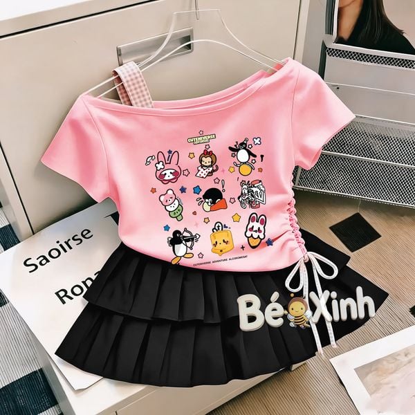 Set áo lệch vai kèm chân váy tầng xếp ly nhà Bé Xinh cực iu cho bé gái đi học, đi chơi BXG2480