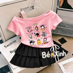 Set áo lệch vai kèm chân váy tầng xếp ly nhà Bé Xinh cực iu cho bé gái đi học, đi chơi BXG2480