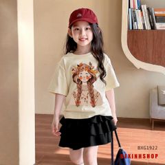 Set áo thun Cô gái phối chân váy tầng dễ thương cho bé gái đi chơi BXG1922