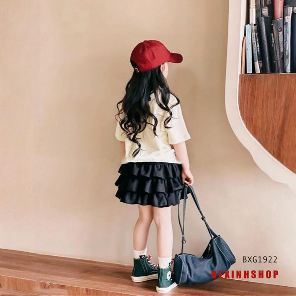 Set áo thun Cô gái phối chân váy tầng dễ thương cho bé gái đi chơi BXG1922