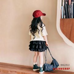 Set áo thun Cô gái phối chân váy tầng dễ thương cho bé gái đi chơi BXG1922