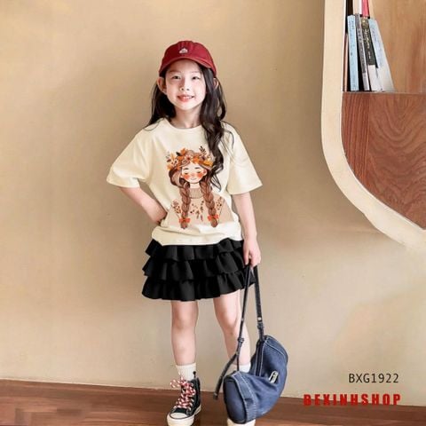 Set áo thun Cô gái phối chân váy tầng dễ thương cho bé gái đi chơi BXG1922