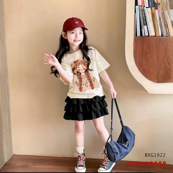 Set áo thun Cô gái phối chân váy tầng dễ thương cho bé gái đi chơi BXG1922