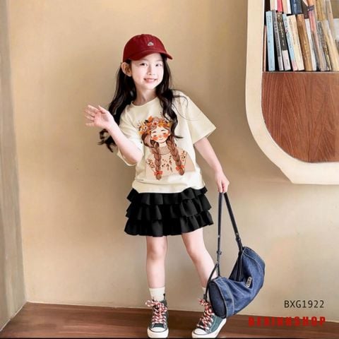 Set áo thun Cô gái phối chân váy tầng dễ thương cho bé gái đi chơi BXG1922