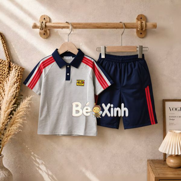 Set áo thun polo phối viền in chữ VIỆT NAM thanh lịch cho bé trai nhà BÉ Xinh BXG2543