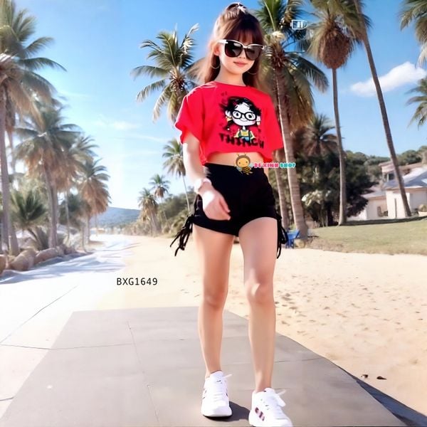 Set áo croptop CÔ GÁI TÓC XÙ quần rút dây dễ thương cho bé gái Tập Nhảy, Tập Erobic, Thể Dục BXG1649
