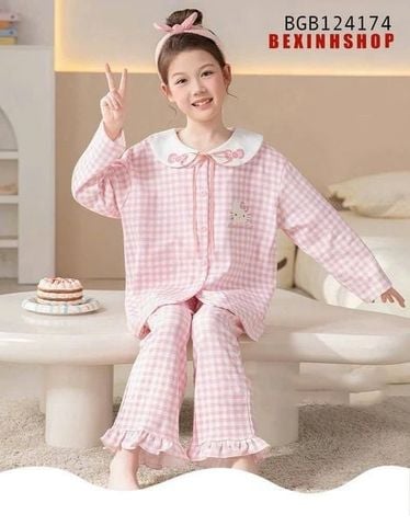 Set caro luạ in Kitty phối cổ bèo nơ dễ thương cho bé gái BGB124174