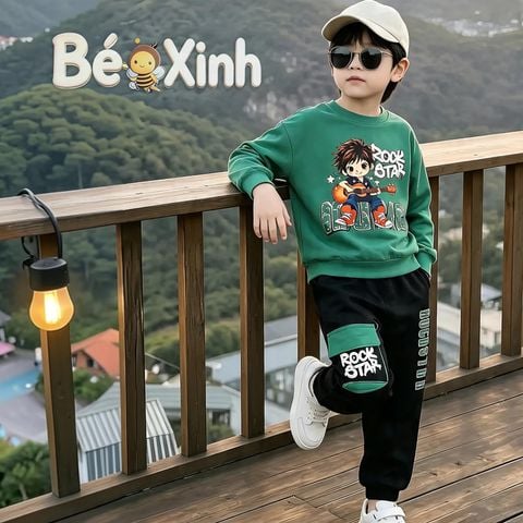 Set Thu đông dài tay Rockstar quần jogger túi hộp nhà Bé Xinh cho bé trai BXG2516