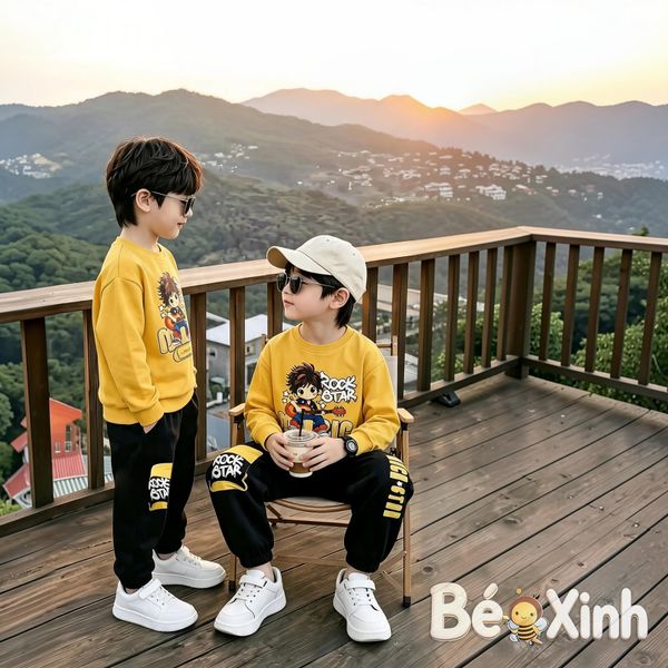 Set Thu đông dài tay Rockstar quần jogger túi hộp nhà Bé Xinh cho bé trai BXG2516