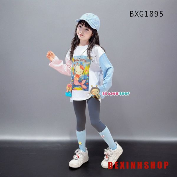 Set áo dài tay Hello Kitty Tiên Cá Quần legging dài Thu Đông Đáng Yêu Cho Bé Gái BXG1895