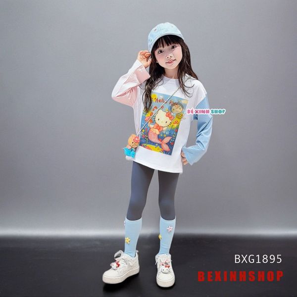 Set áo dài tay Hello Kitty Tiên Cá Quần legging dài Thu Đông Đáng Yêu Cho Bé Gái BXG1895
