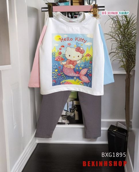 Set áo dài tay Hello Kitty Tiên Cá Quần legging dài Thu Đông Đáng Yêu Cho Bé Gái BXG1895