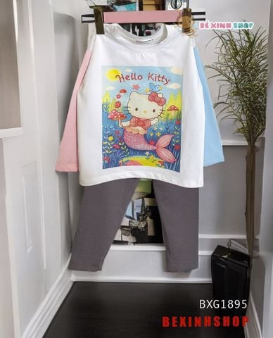 Set áo dài tay Hello Kitty Tiên Cá Quần legging dài Thu Đông Đáng Yêu Cho Bé Gái BXG1895