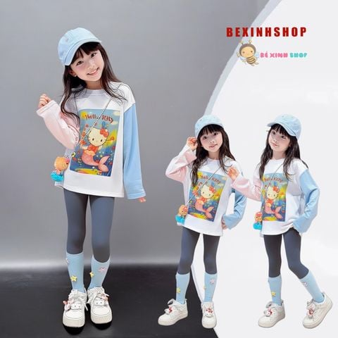 Set áo dài tay Hello Kitty Tiên Cá Quần legging dài Thu Đông Đáng Yêu Cho Bé Gái BXG1895