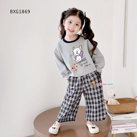 Set áo dài tay Mèo Tiểu thư quần suông caro dễ thương cho bé gái đi học BXG1869