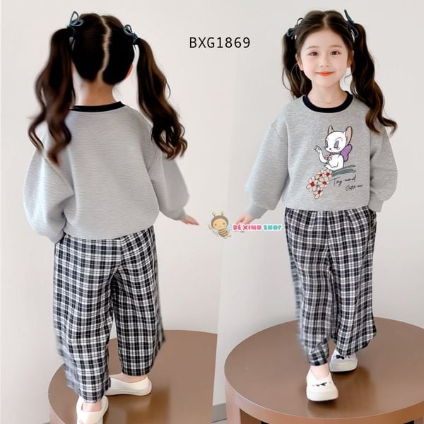 Set áo dài tay Mèo Tiểu thư quần suông caro dễ thương cho bé gái đi học BXG1869