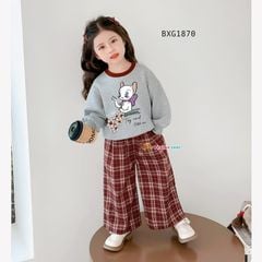 Set áo dài tay Mèo Tiểu thư quần suông caro dễ thương cho bé gái đi học BXG1869