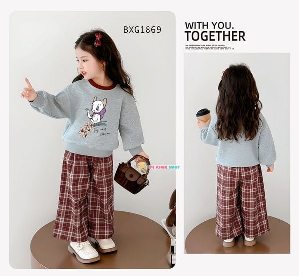 Set áo dài tay Mèo Tiểu thư quần suông caro dễ thương cho bé gái đi học BXG1869