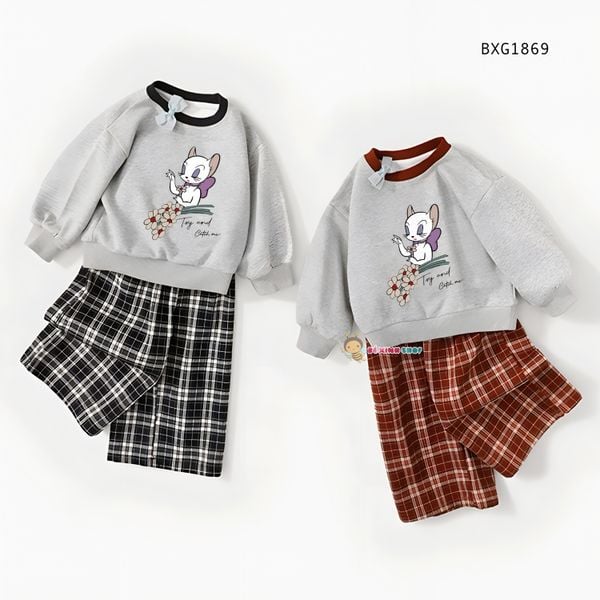 Set áo dài tay Mèo Tiểu thư quần suông caro dễ thương cho bé gái đi học BXG1869