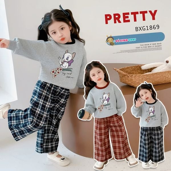 Set áo dài tay Mèo Tiểu thư quần suông caro dễ thương cho bé gái đi học BXG1869