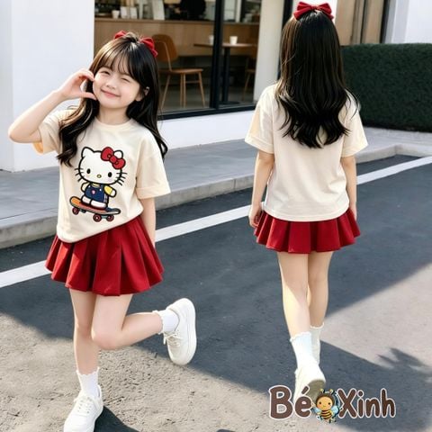 Set áo phông Hello Kitty PHỐI chân váy xếp ly dễ thương cho bé gái BXG2400